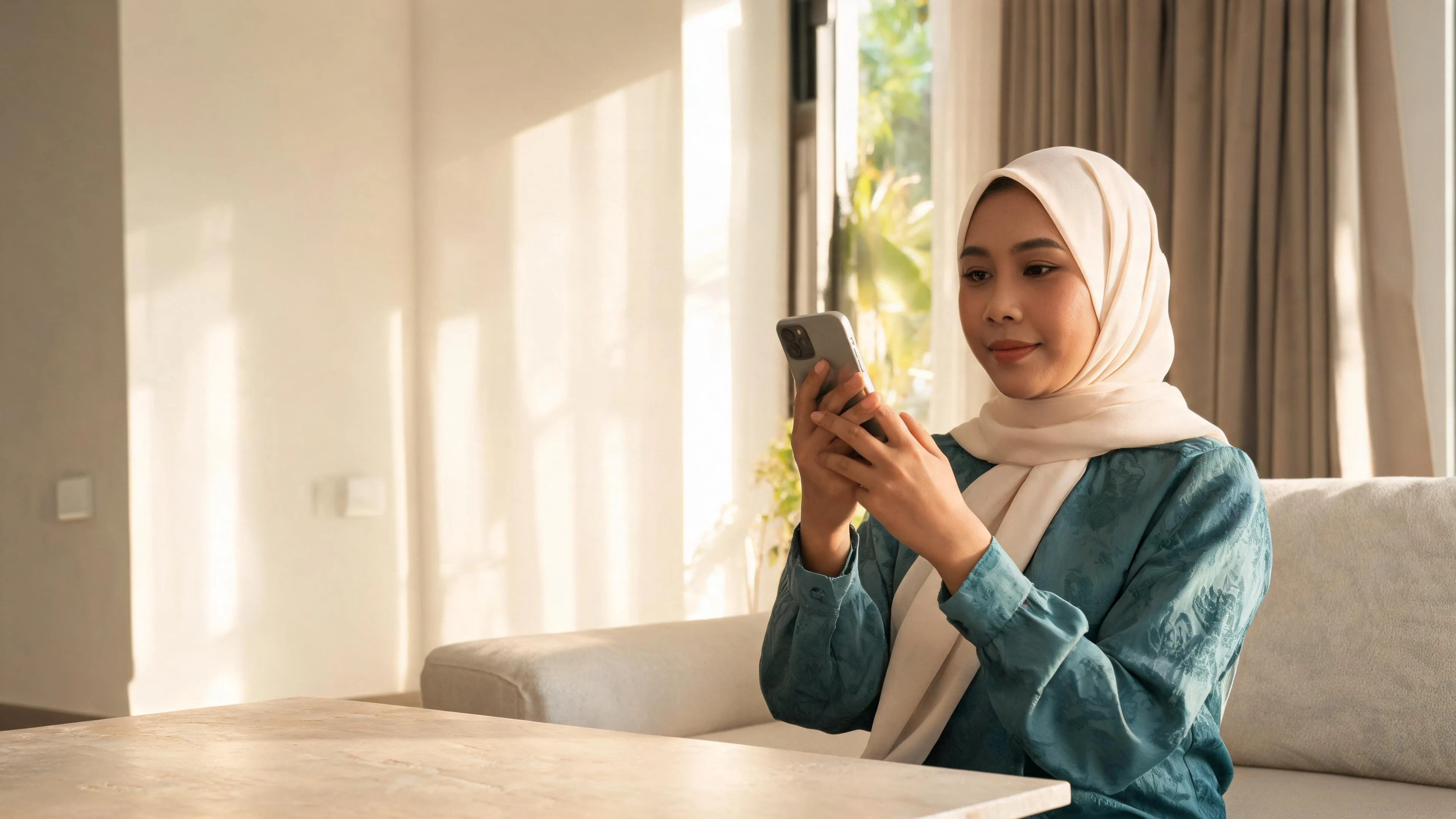 Illustrative scene of an adult using a phone in a naturally lit home.