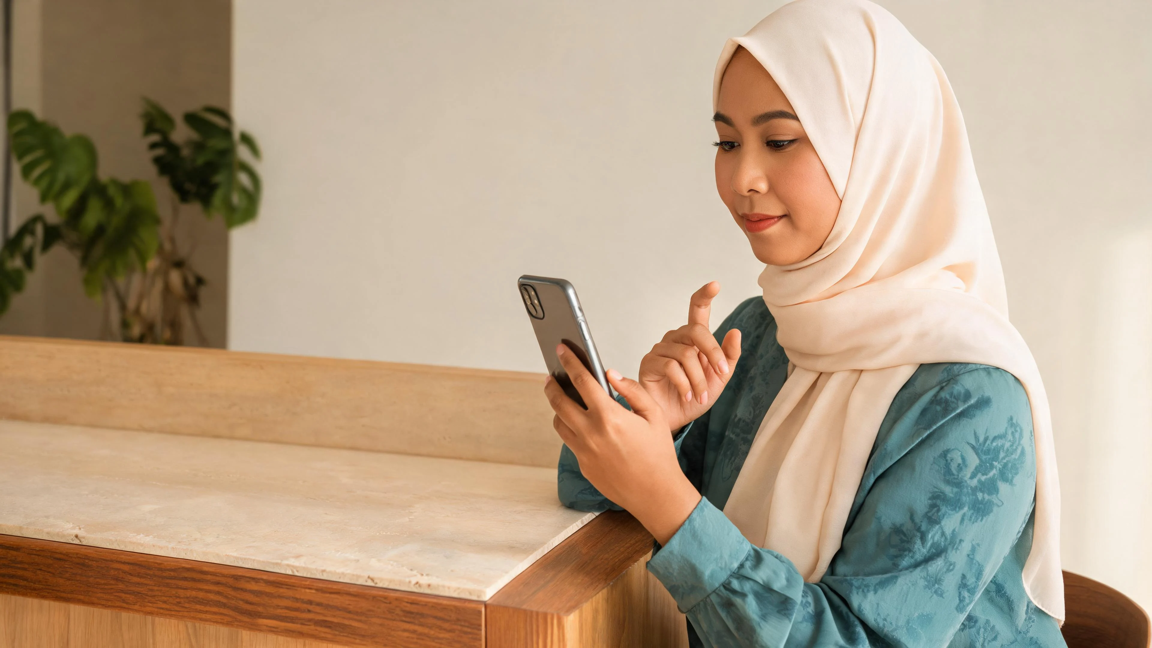 Illustrative scene of an adult looking at a phone, representing an in-app bill review.
