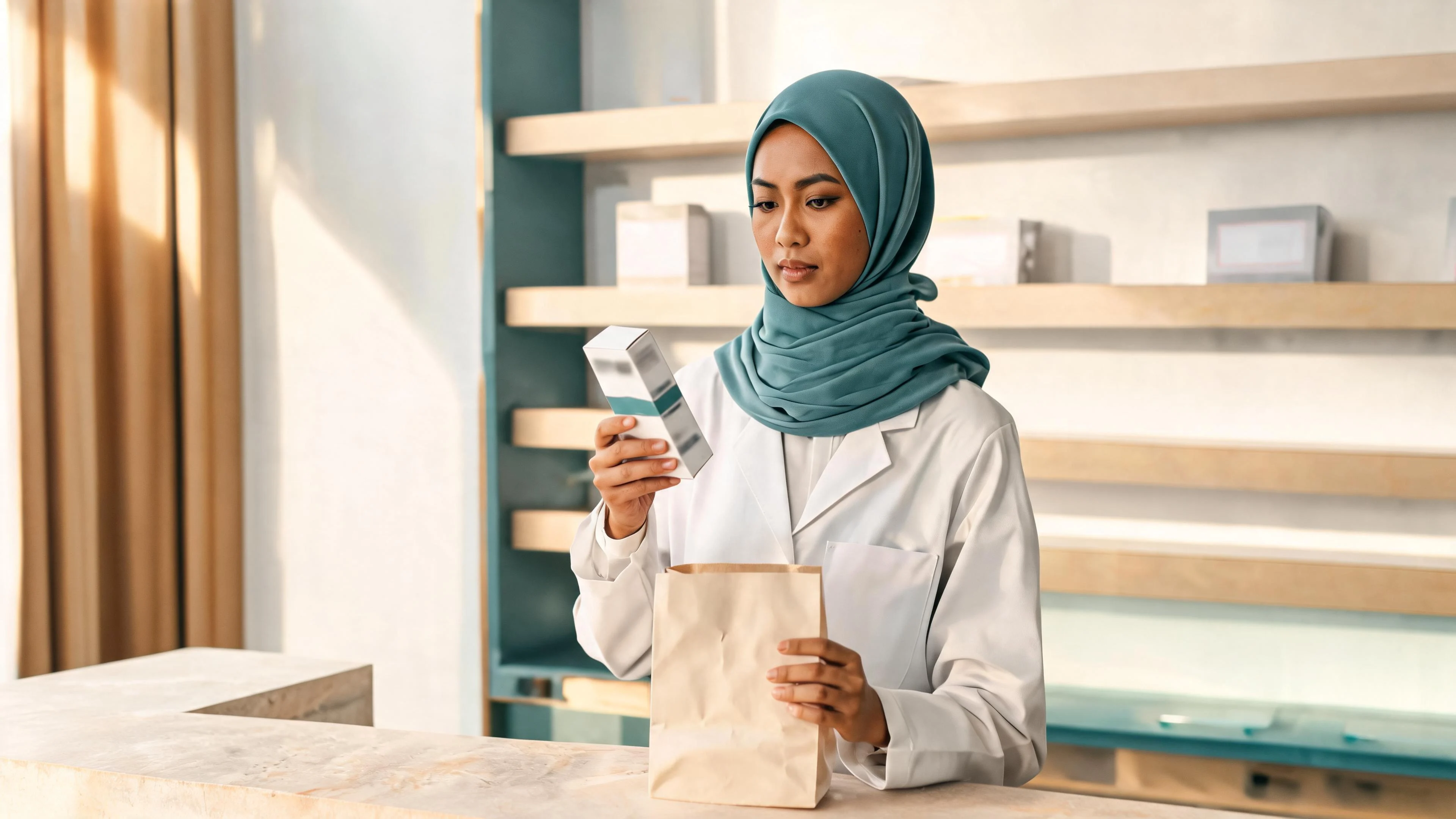 Illustrative scene of a pharmacist checking packaging and preparing supply.